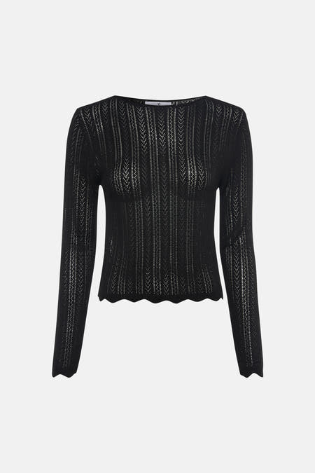 T-shirt noir à manches longues de HAILYS, avec un motif en maille ajourée et un ourlet festonné.
