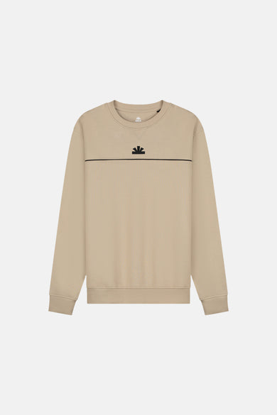 Beige sweater van BASELAB, met een zwarte streep en logo onder de hals.