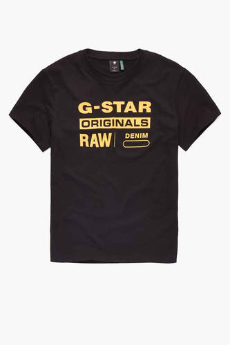 T-shirt noir G-Star RAW avec imprimé texte jaune sur l'avant.