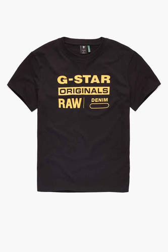 T-shirt noir G-Star RAW avec une impression de texte jaune sur l'avant.