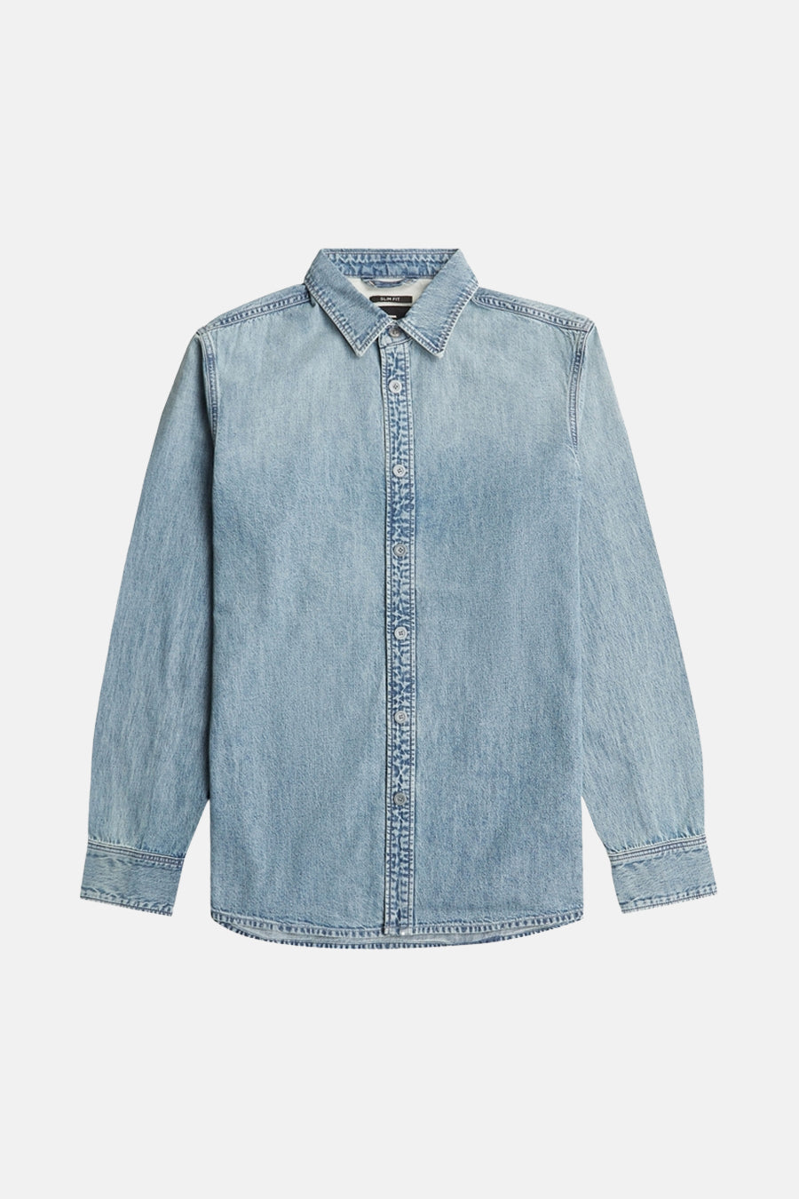 Lichtblauw denim overhemd.
