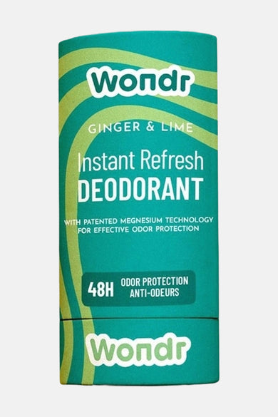 Déodorant vert avec arôme de gingembre et de citron de Wondr, doté d'un motif à rayures ondulées en vert clair sur un fond plus clair.