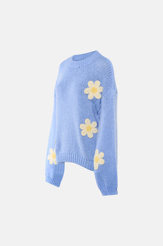T-shirt bleu cardé avec col rond de HAILYS, orné de motifs floraux.