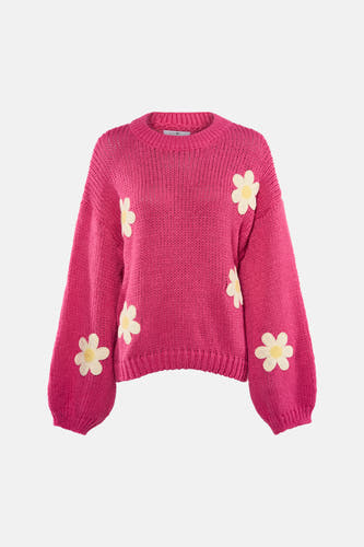 T-shirt rose avec col rond de HAILYS, en tissu côtelé avec des manches longues et volumineuses et des bordures rayées.