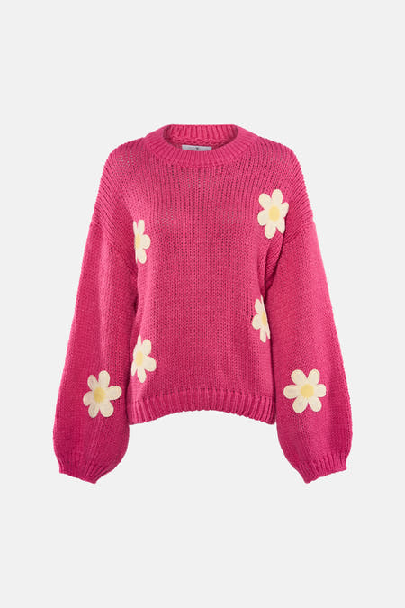 T-shirt rose avec col rond de HAILYS, en tissu côtelé avec des manches longues et volumineuses et des bordures rayées.