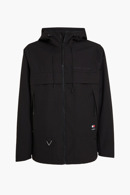 Veste courte noire à capuche de TOMMY JEANS, avec fermeture éclair, poches et écusson logo sur la poitrine et la taille