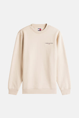 Gilet beige de TOMMY JEANS, avec col rond et petit logo de marque sur la poitrine.