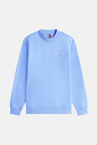 Pull-over bleu avec col rond de TOMMY JEANS, avec logo brodé et nom de marque sur la poitrine.