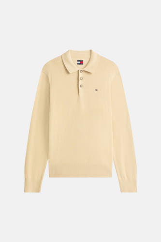 Pull beige TOMMY JEANS, à manches longues et col polo avec fermeture à boutons.