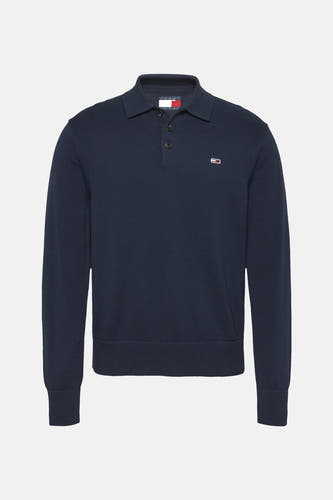 T-shirt bleu de TOMMY JEANS avec longues manches, col polo et petit logo de marque sur la poitrine.