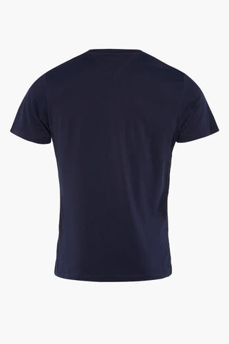 T-shirt bleu à manches courtes de TOMMY JEANS, couleur unie et col classique, vu de dos.