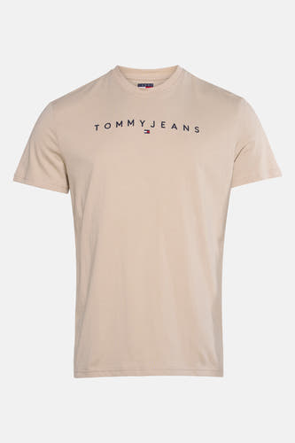 T-shirt beige à manches courtes de TOMMY JEANS, avec logo de la marque sur l'avant.