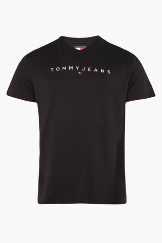 T-shirt noir à manches courtes de TOMMY JEANS, avec des lettres de marque blanches sur la poitrine.