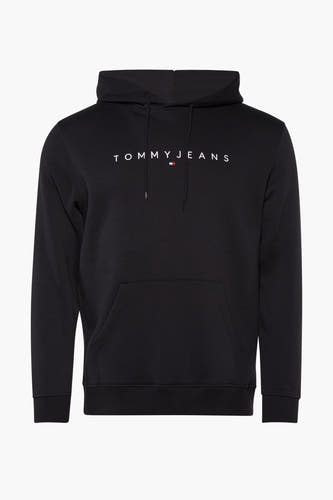 Pull-over noir avec capuche de Tommy Jeans, avec logo blanc imprimé et poche kangourou.