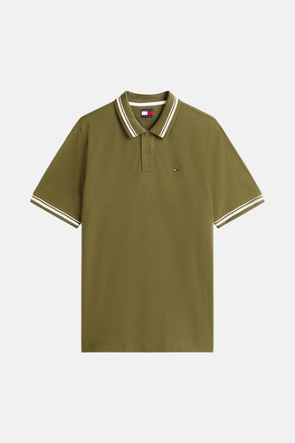 Olijfkleurige Tommy Hilfiger polo met witte strepen.