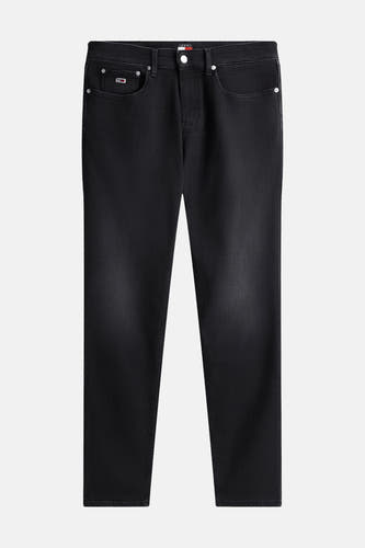 Zwarte slim fit jeans van TOMMY JEANS met lichte fading, knoopsluiting en logolabel op de muntzak.