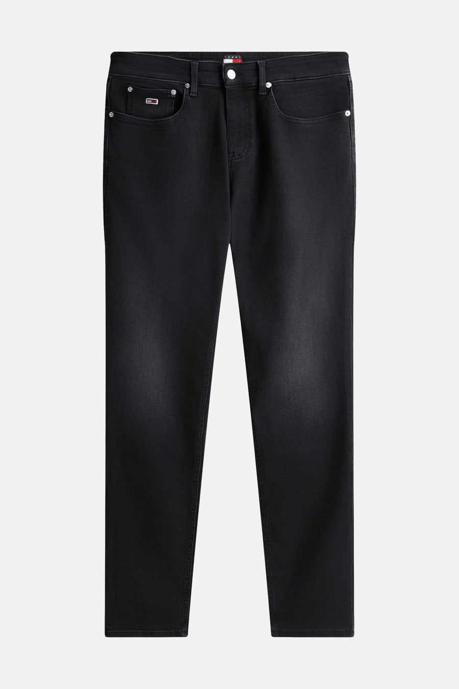 Zwarte slim fit jeans van TOMMY JEANS met lichte fading, knoopsluiting en logolabel op de muntzak.