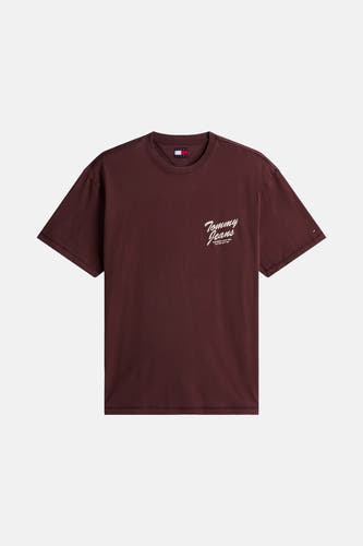 T-shirt brun à manches courtes de Tommy Jeans, avec logo logo blanc sur la poitrine et petite étoile sur la manche.