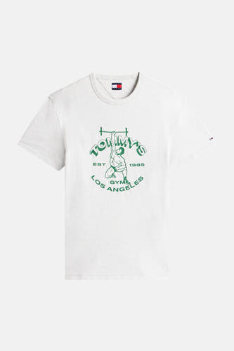 T-shirt gris à manches courtes de TOMMY JEANS, avec imprimé haltérophile vert et logo.