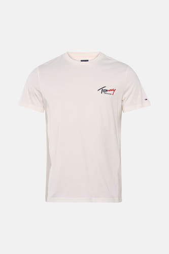 Witte korte mouwen T-shirt van TOMMY JEANS met logo op borst en kleurrijke schouderlabel, front view