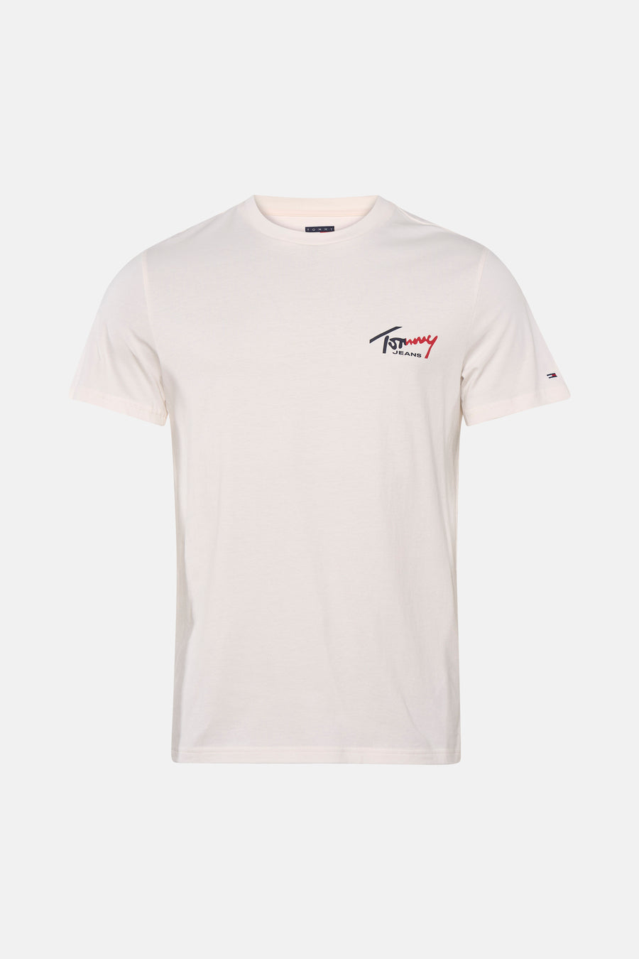 Witte korte mouwen T-shirt van TOMMY JEANS met logo op borst en kleurrijke schouderlabel, front view