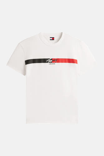 T-shirt blanc à manches courtes TOMMY JEANS, avec une bande horizontale noire et rouge avec logo sur la poitrine.