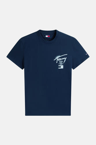 T-shirt bleu à manches courtes de TOMMY JEANS, avec un logo et un imprimé texte sur la poitrine.