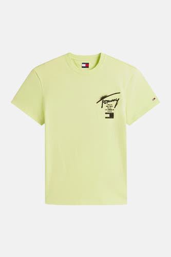 T-shirt jaune à manches courtes TOMMY JEANS, avec imprimé graphique noir sur la poitrine et un petit logo sur la manche.