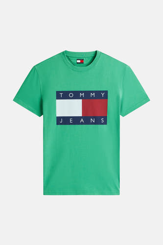 T-shirt vert à manches courtes Tommy Jeans, avec un logo carré sur la poitrine.