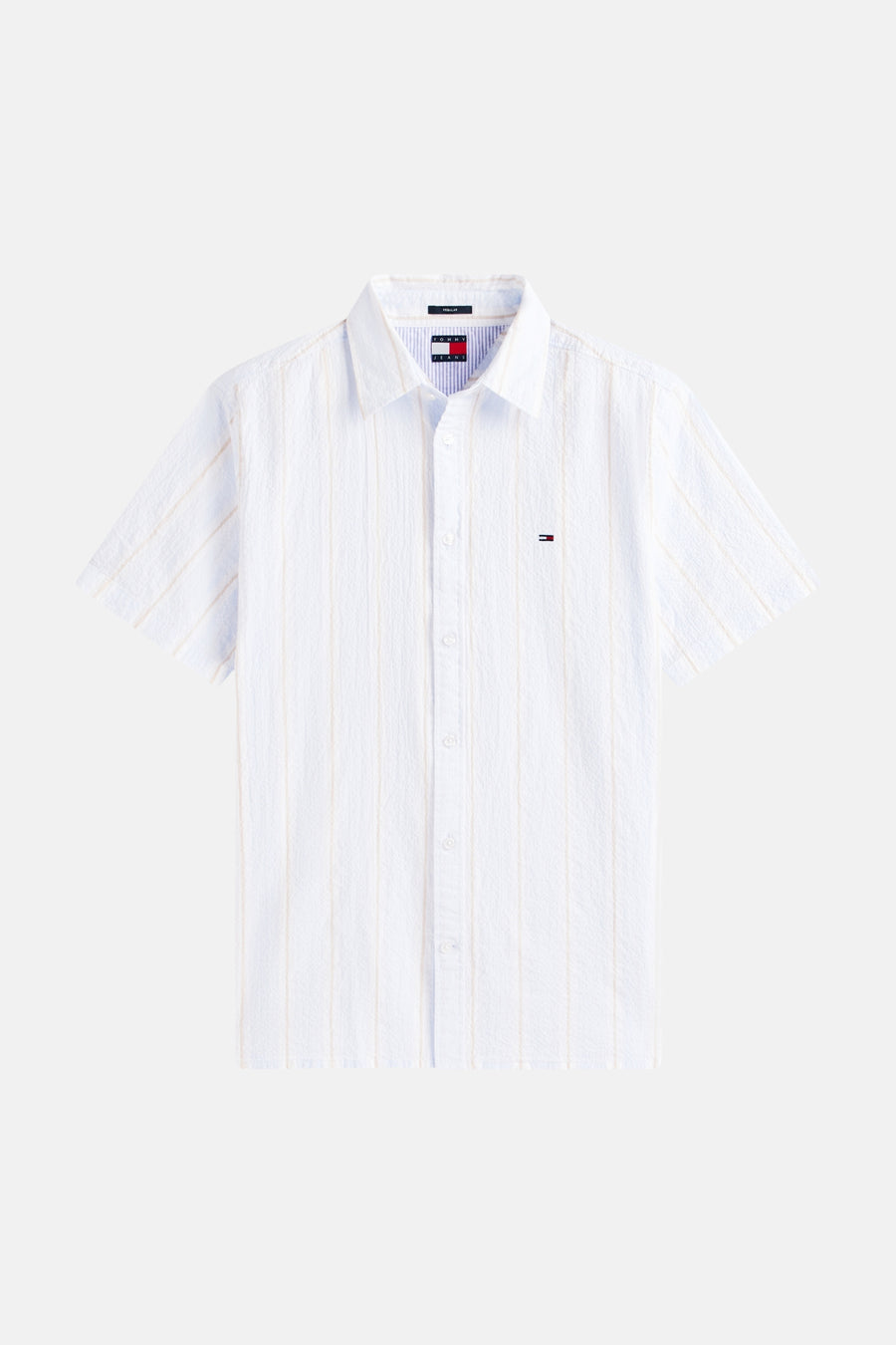 Chemise bleue à manches courtes de Tommy Jeans, avec un motif rayé et texturé.