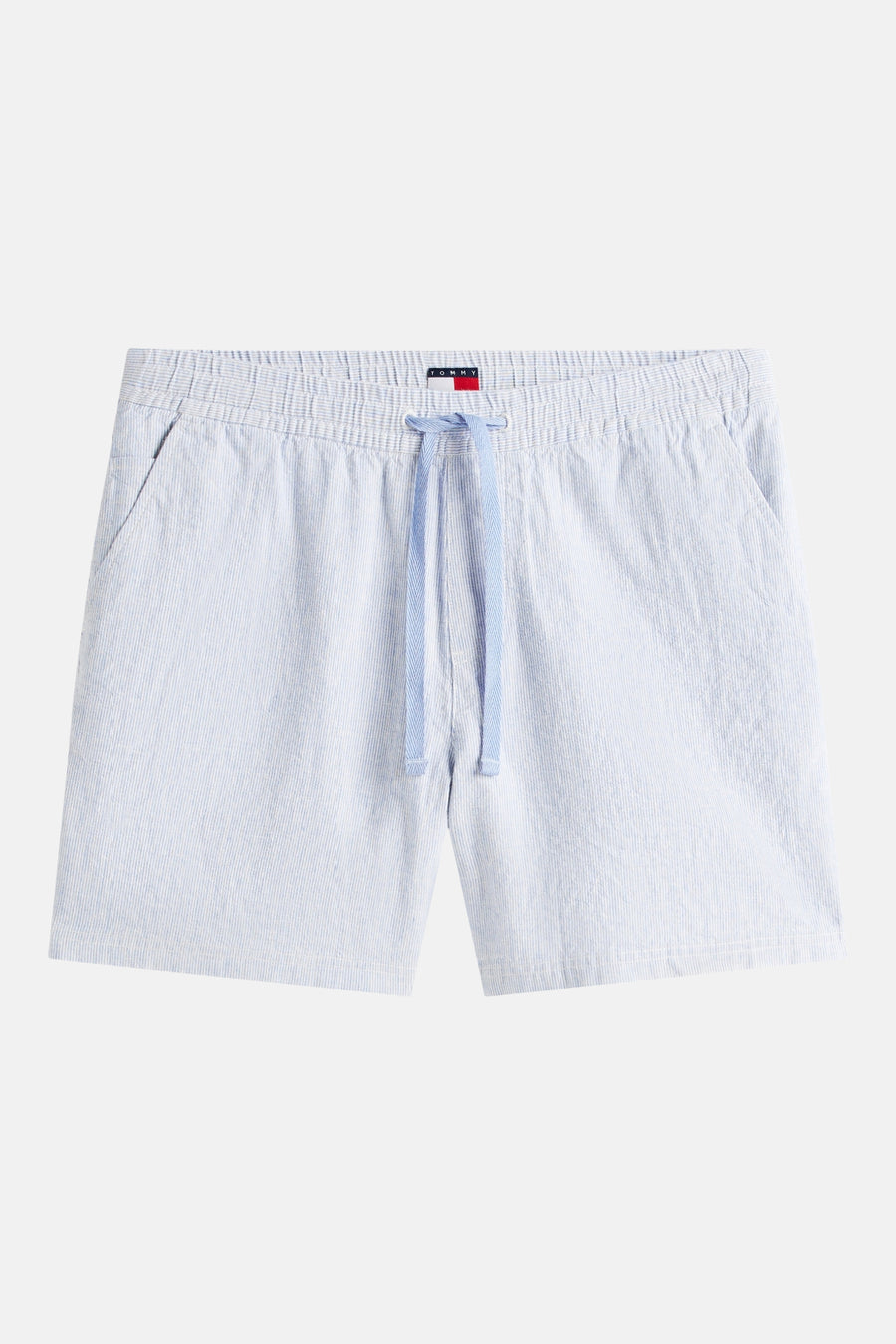 Short rayé bleu clair de TOMMY JEANS avec taille élastique, cordon de serrage et poches latérales.