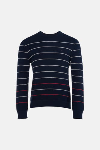 Blauwe ronde hals trui met witte en rode strepen van TOMMY JEANS, ribbelstructuur, front view