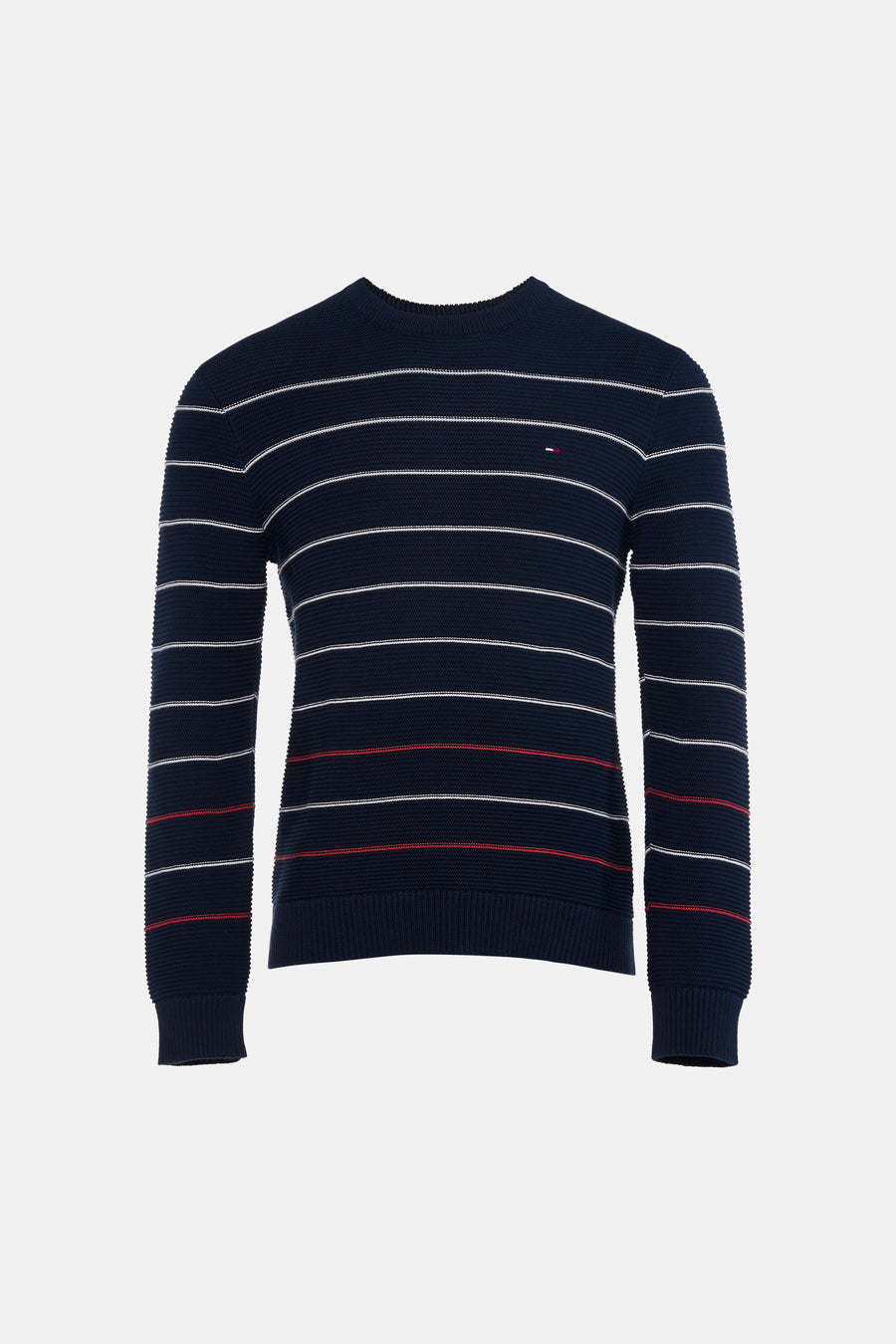 Blauwe ronde hals trui met witte en rode strepen van TOMMY JEANS, ribbelstructuur, front view