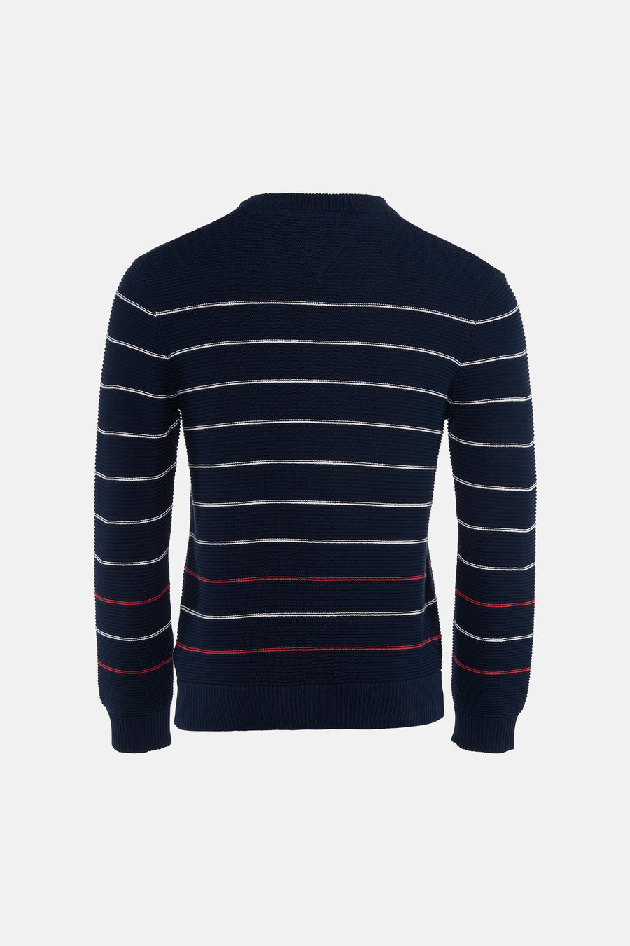Donkerblauwe ronde hals trui met witte en rode strepen van TOMMY JEANS, achterkant weergegeven, ribstructuur, lange mouwen
