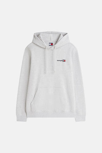 Sweat-shirt gris chiné TOMMY JEANS avec capuche, cordons de serrage, poche kangourou et petit logo sur la poitrine.