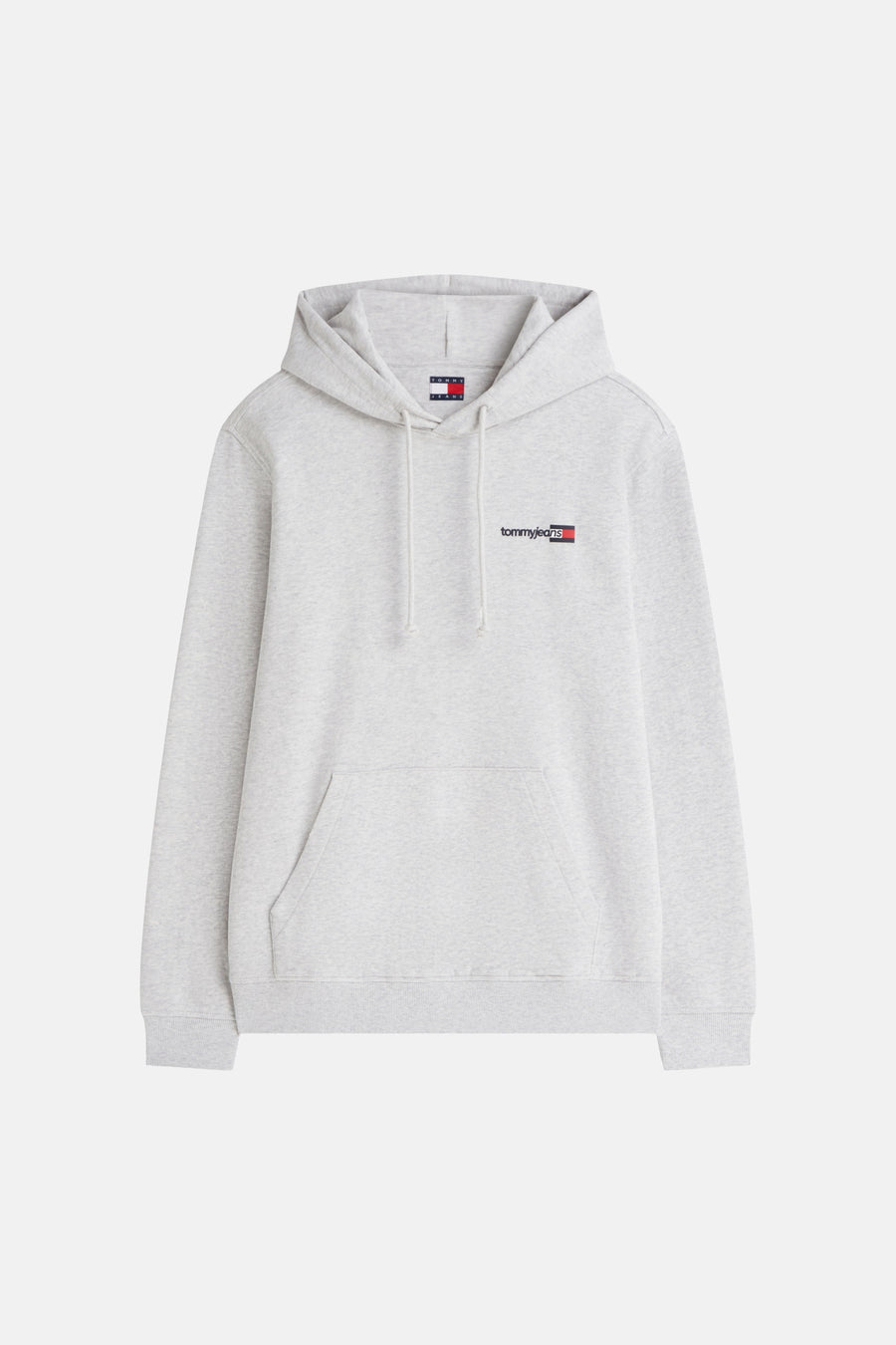 Sweat-shirt gris chiné TOMMY JEANS avec capuche, cordons de serrage, poche kangourou et petit logo sur la poitrine.