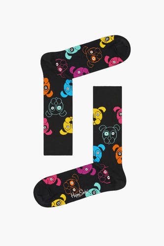 Chaussettes multicolores de Happy Socks avec un motif de chien voyant et coloré sur fond noir.