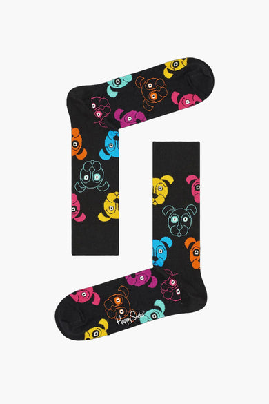 Chaussettes multicolores de Happy Socks avec un motif de chien voyant et coloré sur fond noir.