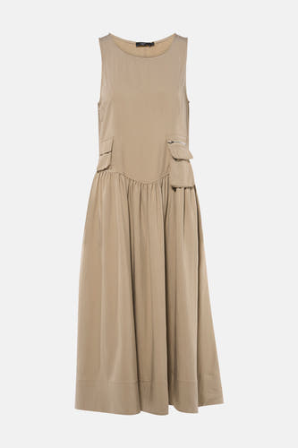 Beige mouwloos jurkje van ADORE met zakken en ruches aan de taille, front view