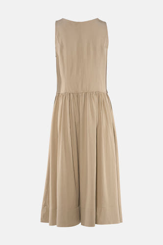 Beige mouwloos jurkje van ADORE, met geruchte rok en ronde hals, achterzijde weergegeven