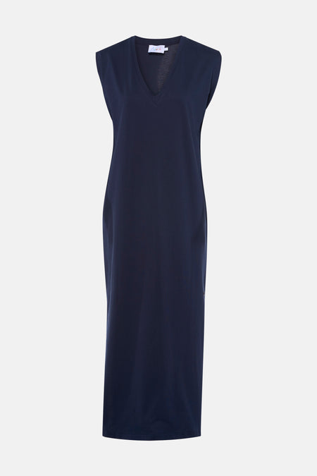 Donkerblauw mouwloos kleedje van ADORE, met V-hals en gladde stof, front view