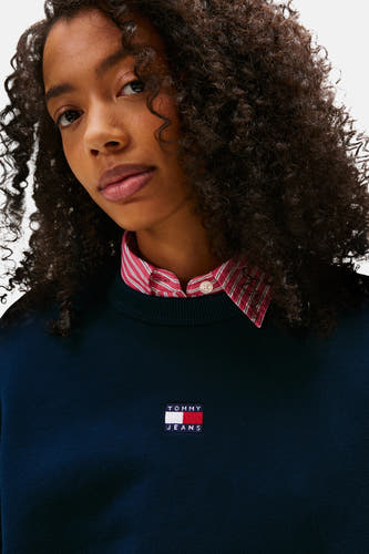 Pull-over bleu de TOMMY JEANS, avec une chemise à carreaux rouges et un logo sur la poitrine.