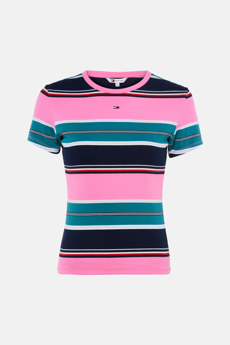 Multicolor gestreepte korte mouw T-shirt van TOMMY JEANS, met roze, turquoise en marineblauwe strepen en ronde hals, front view