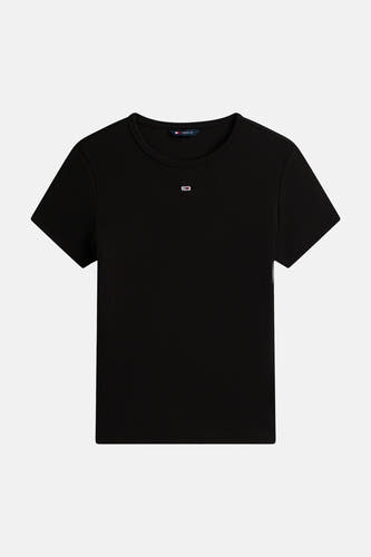 Zwart korte mouwen T-shirt van TOMMY JEANS met ribstructuur en klein logo op borst, front view