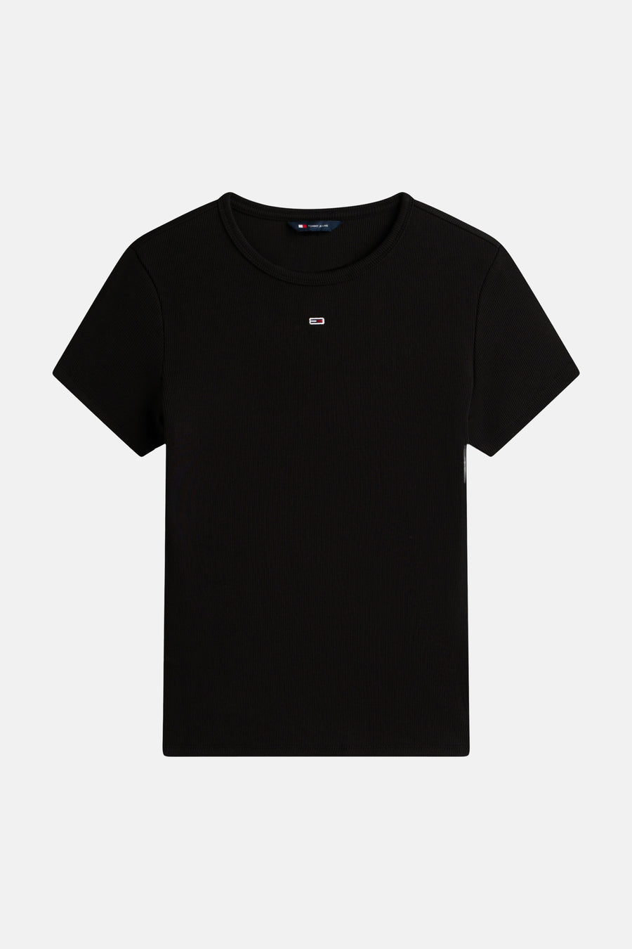 Zwart korte mouwen T-shirt van TOMMY JEANS met ribstructuur en klein logo op borst, front view