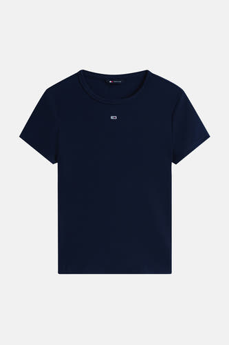 T-shirt côtelé bleu foncé de TOMMY JEANS avec col rond et petit logo sur la poitrine.
