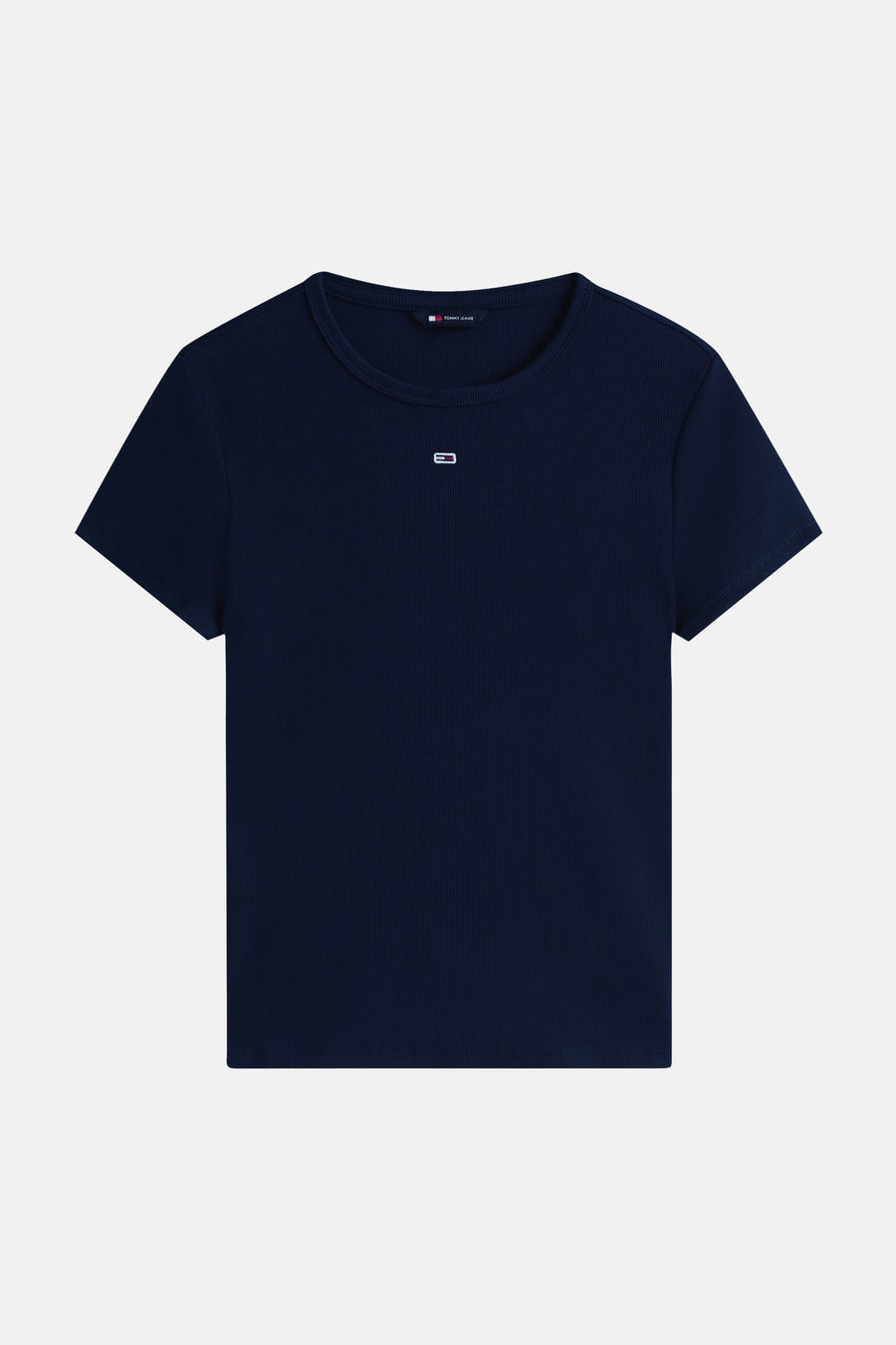 T-shirt côtelé bleu foncé de TOMMY JEANS avec col rond et petit logo sur la poitrine.