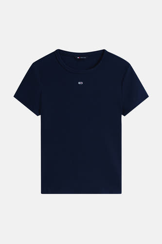 T-shirt côtelé bleu marine à manches courtes de TOMMY JEANS, avec petit logo drapeau sur la poitrine.