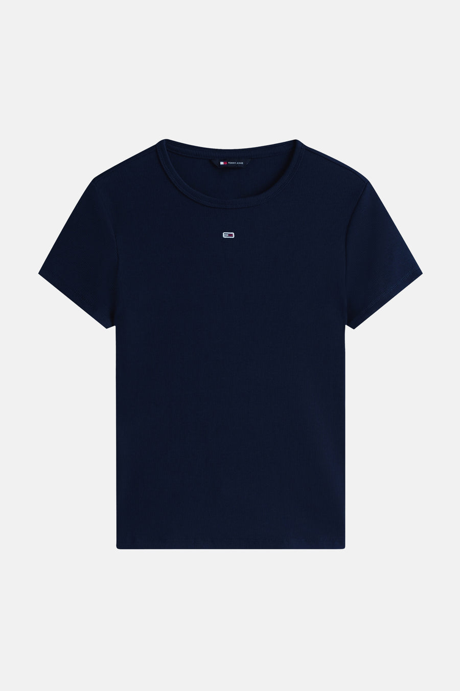 T-shirt côtelé bleu marine à manches courtes de TOMMY JEANS, avec petit logo drapeau sur la poitrine.