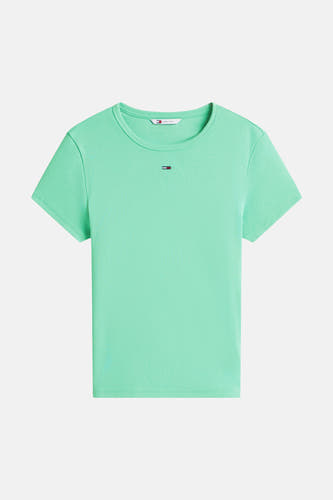 T-shirt vert à manches courtes de Tommy Jeans, avec une texture côtelée et un petit logo sur la poitrine.
